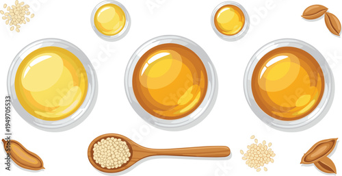 Premium Sesame Oil in Glass Bowls with Wooden Spoon, Seeds, and Pods Vector Illustration for Cooking, Healthy Diet, Organic Skincare, and Culinary Design