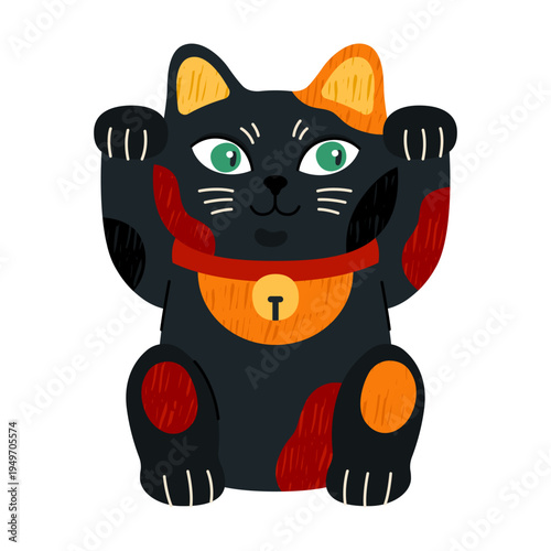 Lucky cat, Maneki neko. Japanese figurine, cute cartoon Asian character, fortune symbol. Black porcelain kitten with waving paws, symbol of money, prosperity and wealth.