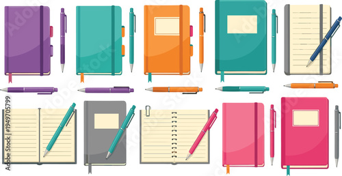 Vibrant Stationery Collection Featuring Colorful Hardcover Notebooks Personal Journals and Ballpoint Pens for Office Supplies Education Branding and Creative Workspace Illustrations