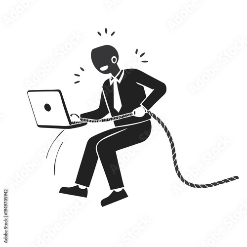 Determined businessman sitting on a thick rope using a laptop while the cord begins to fray and break under his weight.