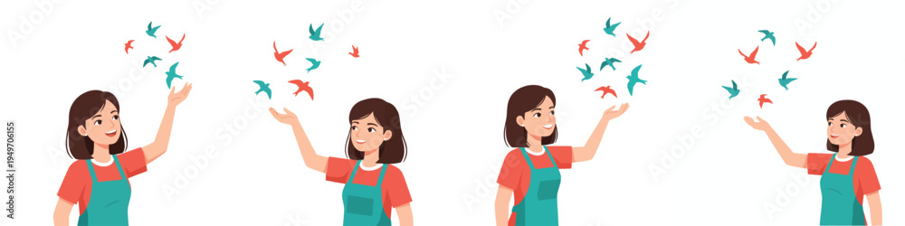 Obraz premium Woman releasing birds into sky with transparent background