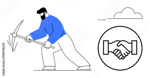 Collaboration concept. Collaboration ed by a miner working with a pickaxe and a handshake symbol in minimalist style. Collaboration supports teamwork, partnerships, resource sharing