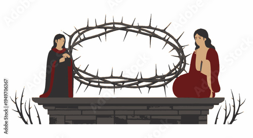 Crown of thorns vector with mourning women for religious Easter theme