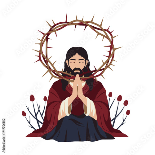 Jesus Praying with Crown of Thorns Vector Illustration
