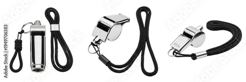 Cuadro en lienzo Set of shiny chrome metal whistles with black lanyards isolated on transparent b
