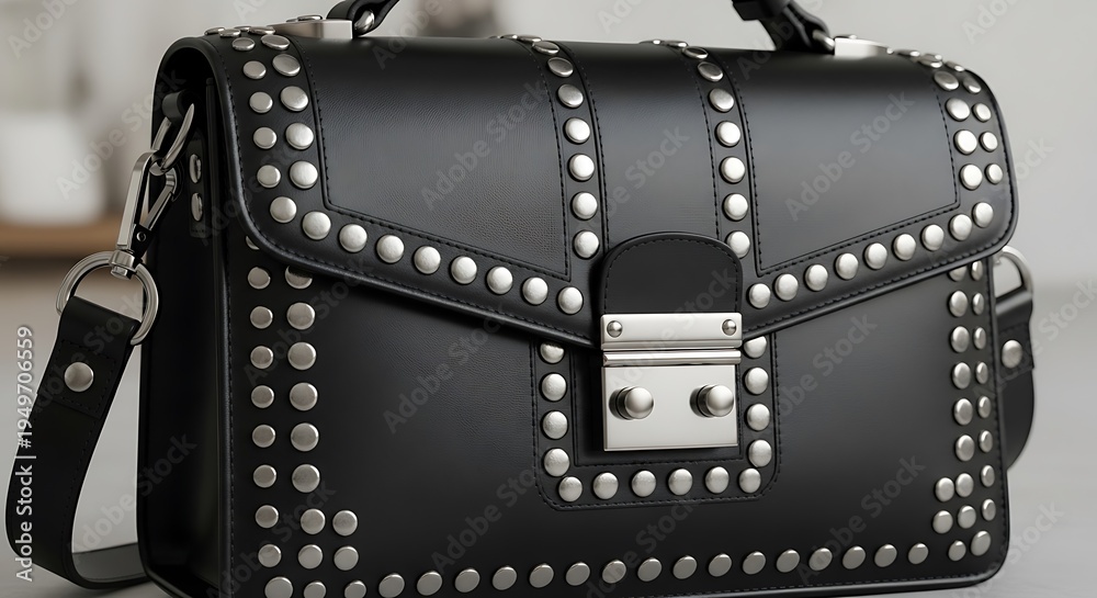 Obraz premium Black Leather Handbag with Silver Studs.