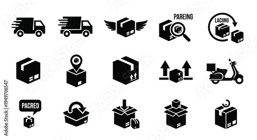 Set of black icons depicting delivery packaging and shipping concepts on white background