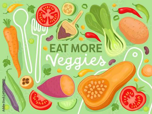 Banner or card design for a vegan shop, market, cafe. Various fresh vegetables and inscription "eat more veggies". Potato, tomato, pumpkin, bok choy, tomato, carrot, artichoke.