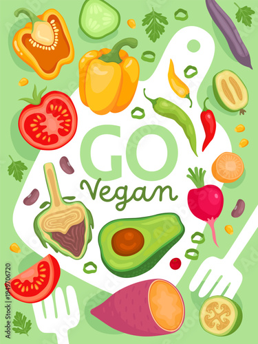 Banner or card design for a vegan shop, market, cafe. Various fresh vegetables and fruits, inscription "go vegan". Avocado, artichoke, tomato, pepper, radish, chili.