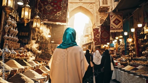 Smiling Young Woman Wearing Teal Hijab and Beige Outfit in Bustling Middle Eastern Marketplace Amidst Spice Stalls and Lanterns During Golden Hour