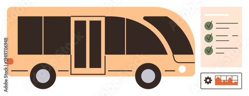 Smart cities, public transit systems, eco-friendly transport, fleet management, operational efficiency, mobility solutions. Flat graphic of a bus with checklist elements. Public transit systems