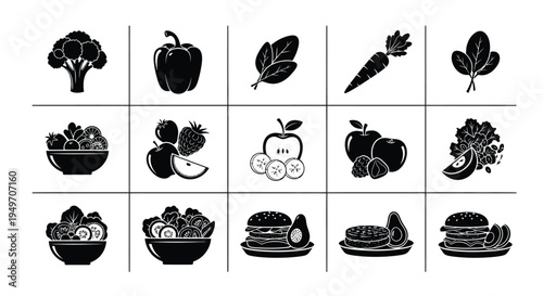 Variety of fresh fruits and vegetables icons in black and white for healthy eating and nutrition concepts