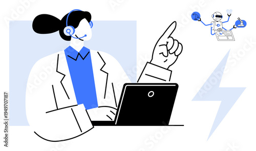 Virtual communication, technical support, AI-assisted services, online helpdesk, tech solutions, call centers. A customer support agent with a headset pointing at an AI display. Virtual communication