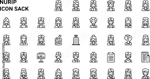 Diverse Nurse Icon Set: Male and Female Professionals in Uniform with Medical Tools