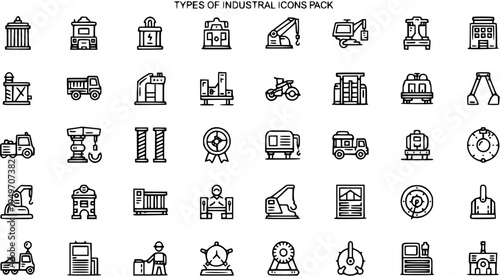 Industrial Line Icons Pack. Vector outline set of factory, construction, mining, energy, and transportation equipment symbols for industrial design projects.
