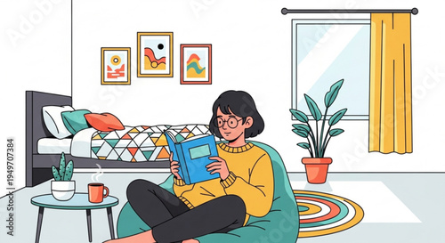 Woman relaxing on bean bag chair reading book in cozy bedroom with plants and colorful decor