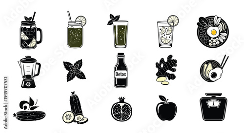 Healthy drink icons and fruits for wellness and nutrition concepts including smoothies juices and blenders with various fruits