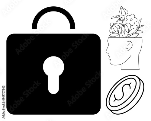 Padlock symbolizes security, mental growth illustrated by flowers in human head, monetary value represented by coin. Ideal for protection, innovation, finance, mental health, personal growth