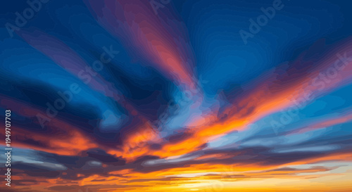 Sunset sky background with vibrant orange and blue clouds