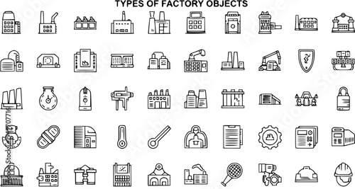 Detailed outline vector icon set illustrating various types of factory objects, industrial buildings, machinery, tools, and production equipment for manufacturing processes.