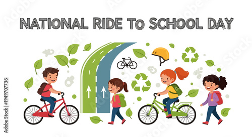 Children ride bicycles to school on National Ride to School Day with eco-friendly transportation and safety in mind.