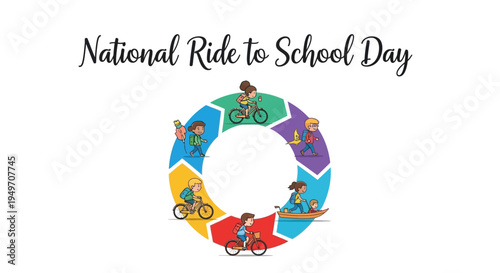Illustration of children cycling together in a colorful circular formation for National Ride to School Day with a lively and eco-friendly theme.