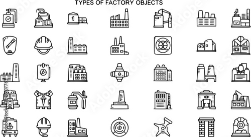 Detailed Line Icons Set of Factory Objects, Industrial Buildings, Manufacturing Equipment, and Safety Gear. Outline Vector Symbols for Industry Production.