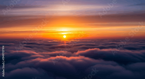 Sunrise above clouds with orange and purple hues