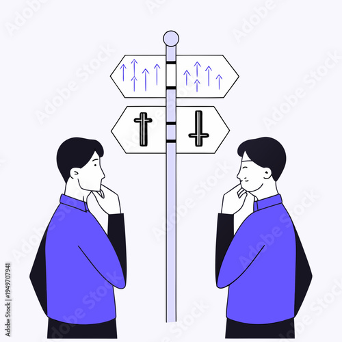 Investor and trader stand at a crossroads with signposts for buying and selling decisions in the volatile financial stock market.

