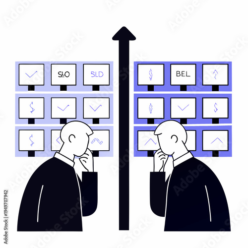 Investor and trader stand at a crossroads with signposts for buying and selling decisions in the volatile financial stock market.
