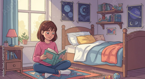 A young girl sits cross legged on a colorful rug in her bedroom reading a book by the window with a bed and nightstand nearby