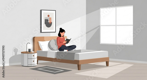 Woman sitting on bed with tablet in modern bedroom interior with sunlight