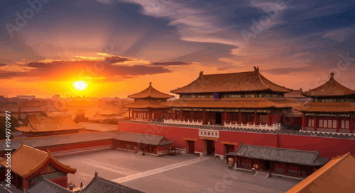 Sunset over traditional Chinese architecture, temple buildings with orange roofs