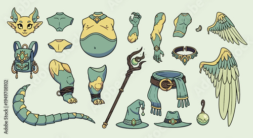 Anthropomorphic Feline Wizard Character Kit with Colorful Fur, Magic Staff, and Wizard Hats