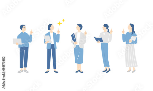 チームで問題を解決、PCや書類を持つ女性ビジネスチームの全身イラスト