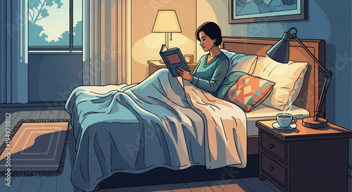 Woman reading book on bed in cozy bedroom with lamp and cup of coffee