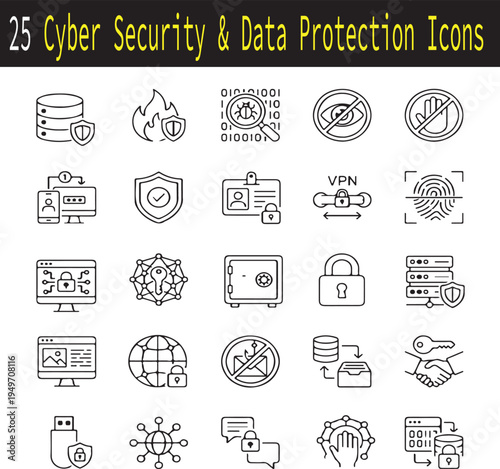25 Cyber Security and Data Protection Icons - Professional VPN, 2FA, Biometrics, and Network Security Vector Symbols
