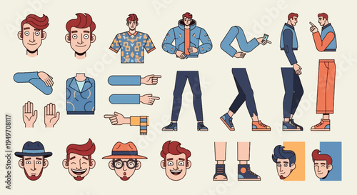 Modern Male Avatar Creator Kit with Various Poses, Outfits, and Facial Expressions in Flat Style