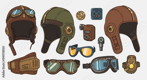 Steampunk Aviator Accessory Set with Flight Helmets, Goggles, and Retro Technical Gear