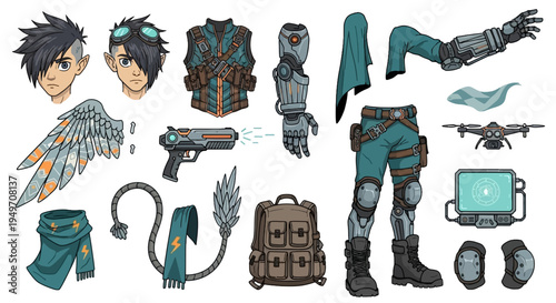 Sci-Fi Cyberpunk Character Asset Sheet with Robotic Arm, Tactical Vest, Drone, and Tech Wings