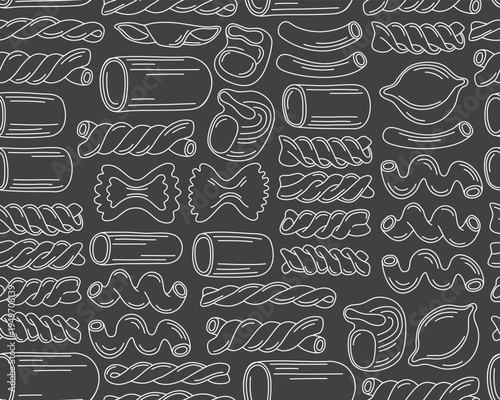 Seamless pattern with white outline illustrations of italian pasta of different shapes, macaroni on a black background. Pattern for menu, Italian cuisine restaurant.