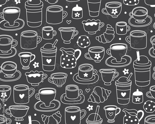 Seamless pattern with white outline illustrations of coffee and tea on black background. Teapots, mugs and cups, coffee grinder, coffee beans. Pattern for coffee shop, cafe menu.