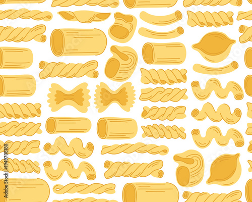 Seamless pattern with different types of pasta on a yellow background. Illustrations of italian pasta of different shapes, dry macaroni. Pattern for menu, Italian cuisine restaurant.