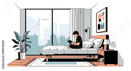 Man sitting on bed with tablet in modern bedroom with city view