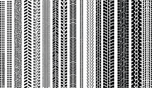 Set of black tire tread patterns and track marks including various rubber textures for automotive transport vehicle and heavy industrial machinery