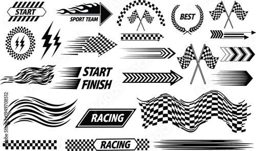 Set of black racing icons including checkered flags start finish lines speed streaks and lightning bolts for automotive sports and competition