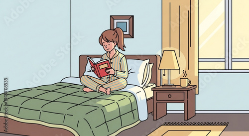 Woman sitting on bed reading book in cozy bedroom with green blanket and wooden nightstand