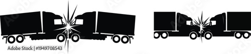 A minimalist black silhouette graphic illustration showing two semi trucks involved in a collision
