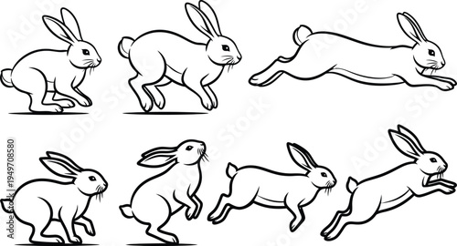 A collection of black and white line art illustrations depicting rabbits in various jump poses
