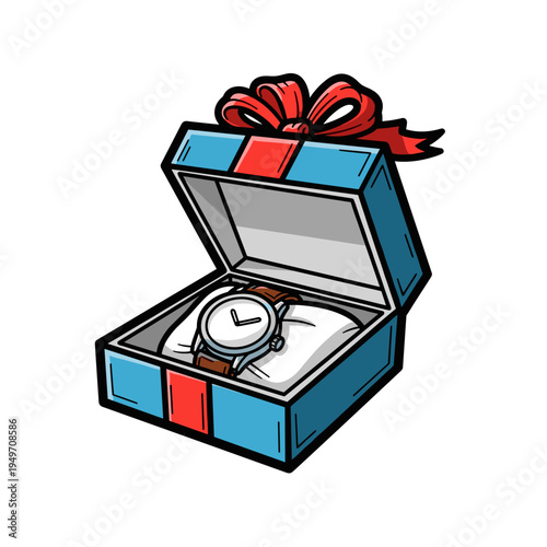Wristwatch gift box open vector illustration in playful modern cartoon style